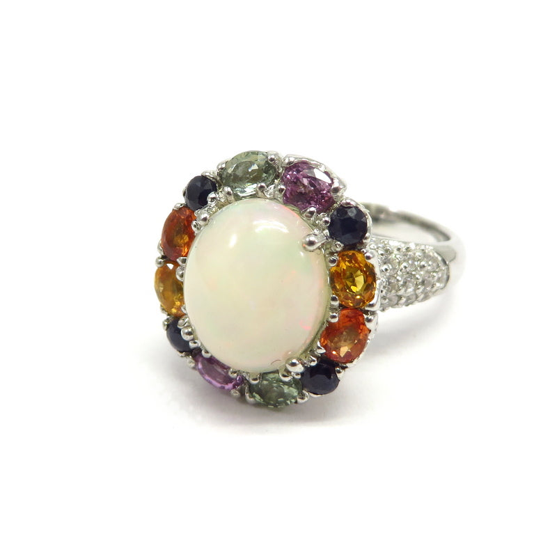 Opal Multi-Colored Sapphires Cubic Zirconia Ring Sterling Silver