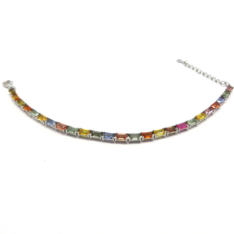 Multi-Colored Sapphire Rectangular Tennis Bracelet Sterling Slver