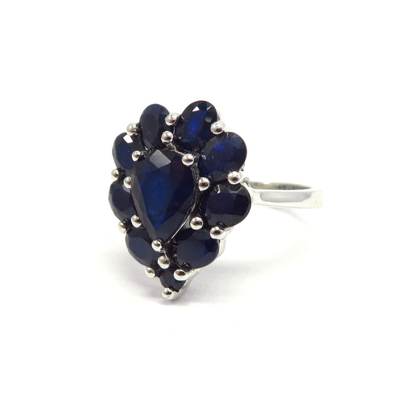 Blue Sapphire Teardrop Flower Ring Sterling Silver