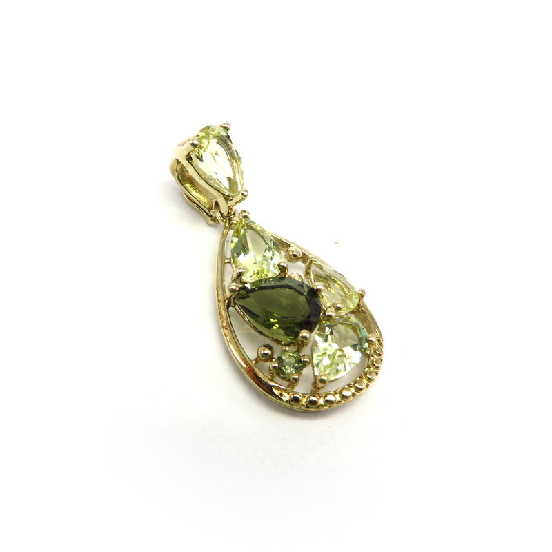 Moldavite Teardrop  and Lemon Quartz Pendant Gold Plated Sterling Silver