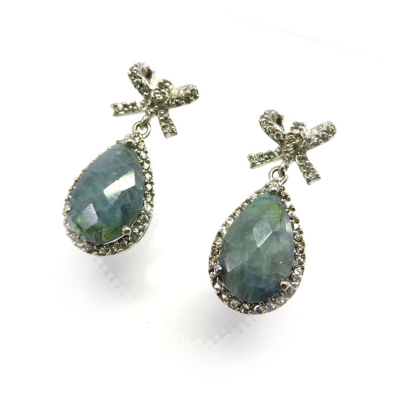 Sapphire and White Sapphire Teardrop Bow Earrings Sterling Silver