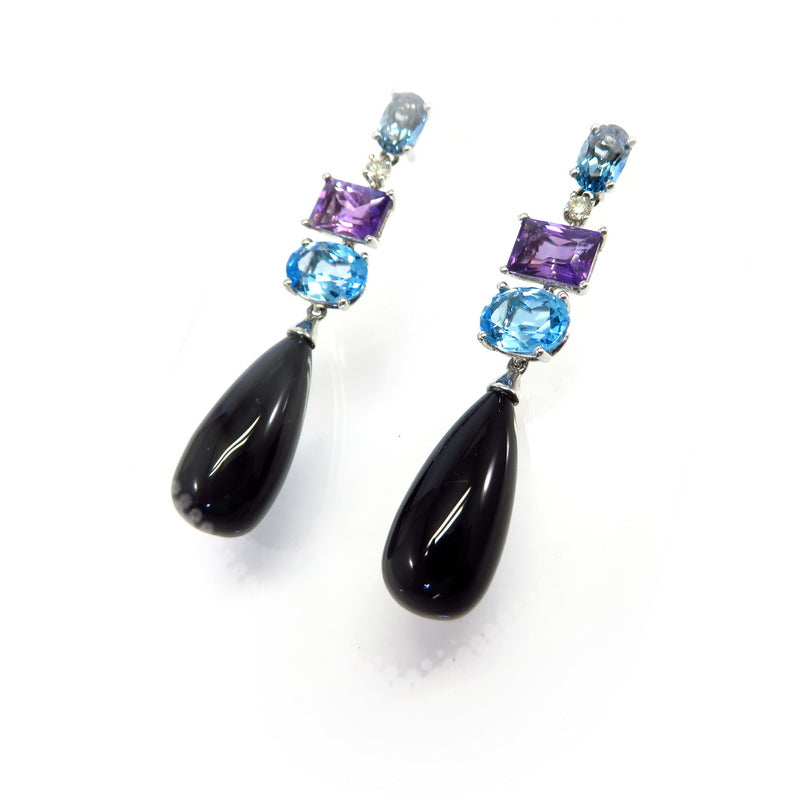 Black Onyx Amethyst London Blue Topaz and Blue Topaz Earrings Sterling Silver