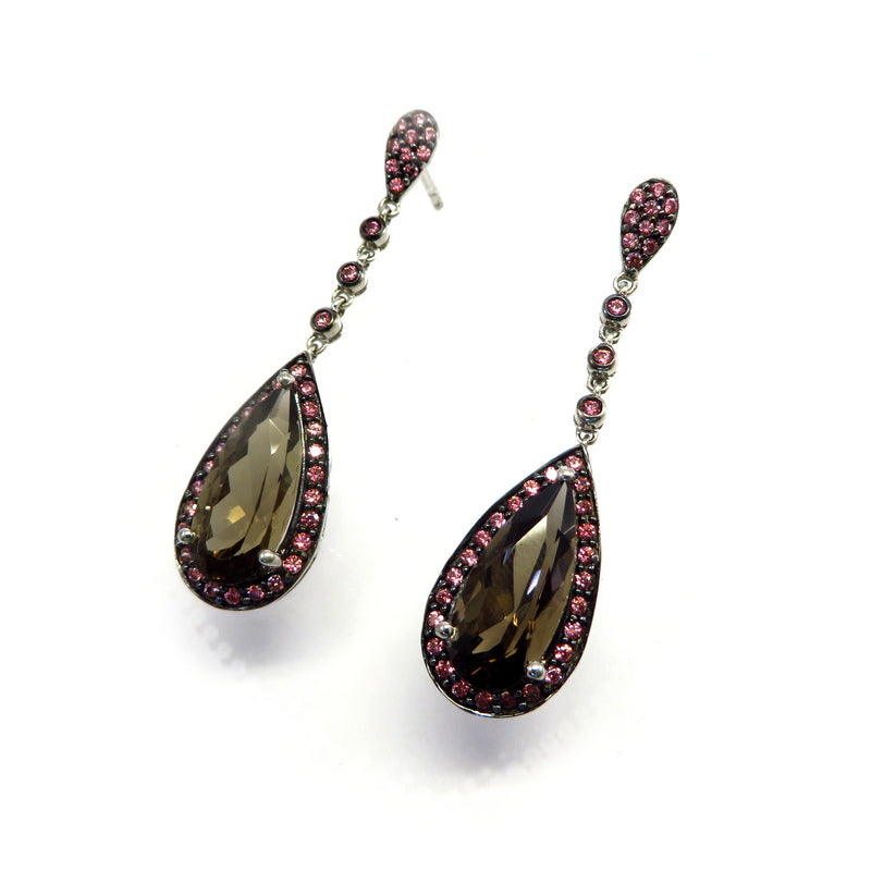 Teardrop Smoky Quartz and Pink Cubic Zirconia Drop Earrings Sterling Silver
