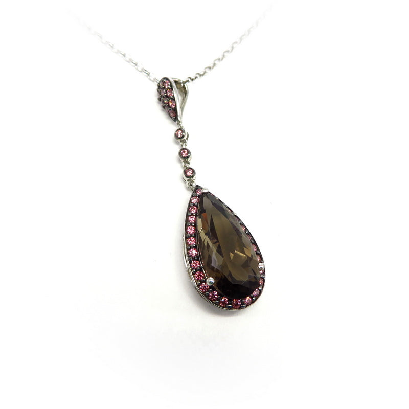 Smoky Quartz Teardrop and Pink Cubic Zirconia Pendant Sterling Silver
