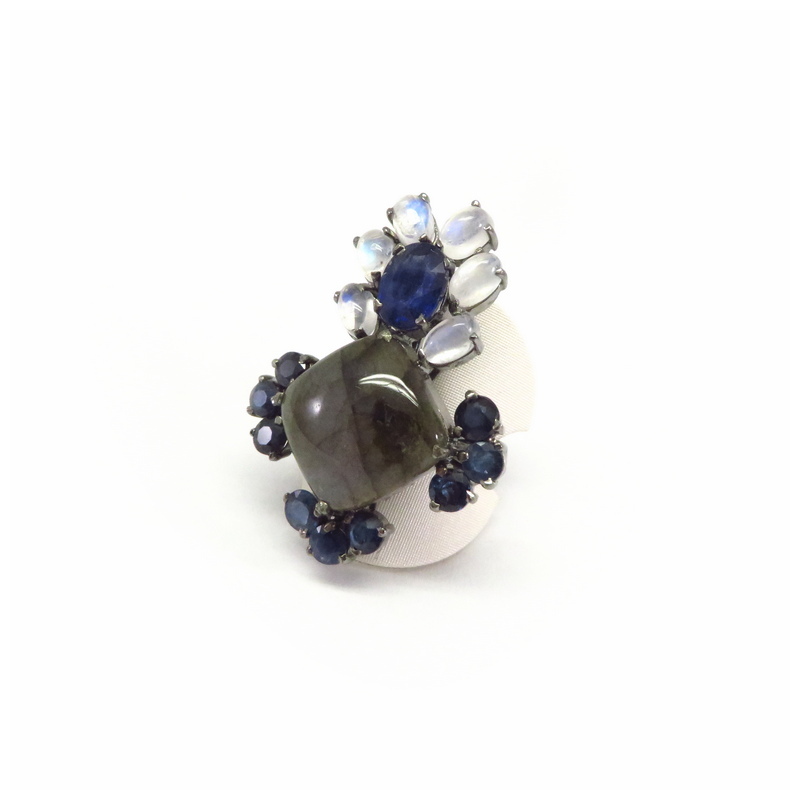 Labradorite, Blue Sapphire and Moonstone Silver Statement Ring