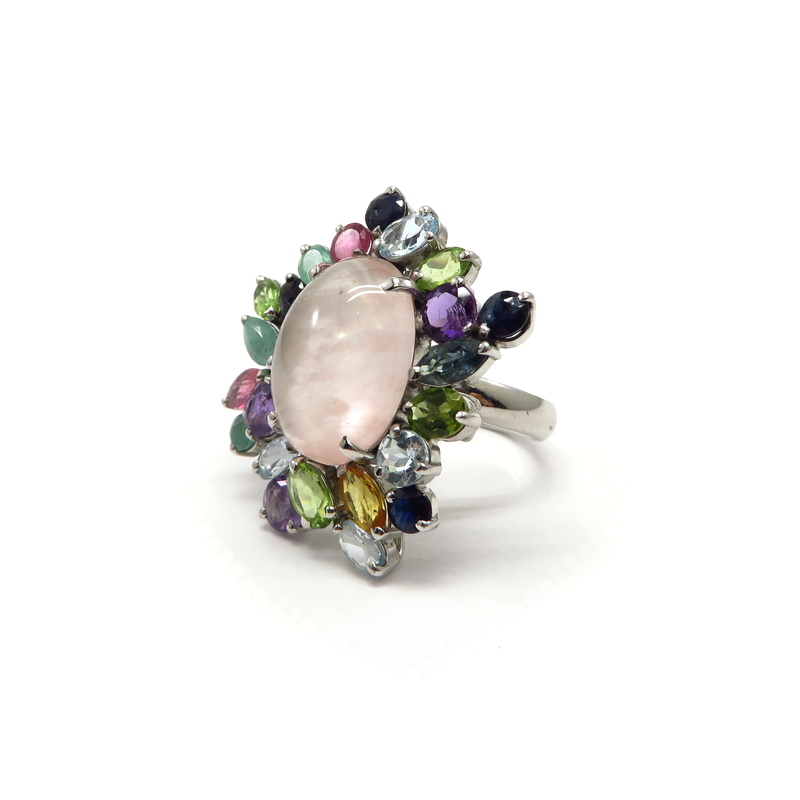 Rose Quartz and Multi-Gemstone Sterling Silver Statement Ring