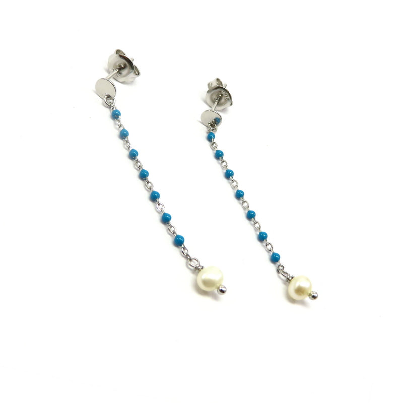 Freshwater Pearl Blue Enamel Drop Earrings Sterling Silver
