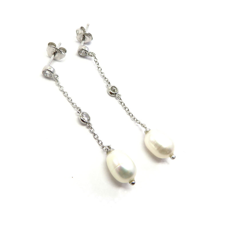 Freshwater Pearl Cubic Zirconia Drop Earrings Sterling Silver