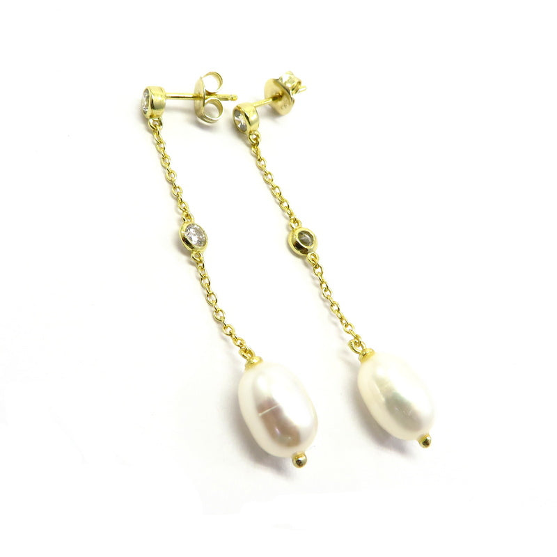 Freshwater Pearl Cubic Zirconia Drop Earrings Gold Plated Sterling Silver