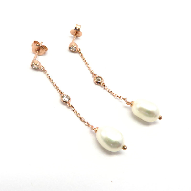 Freshwater Pearl Cubic Zirconia Drop Earrings Rose Gold Plated Sterling Silver