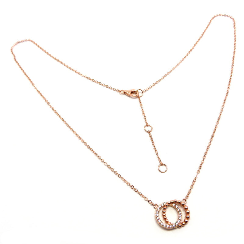 Double Circle Cubic Zirconia Necklace Rose Gold Plated Sterling Silver