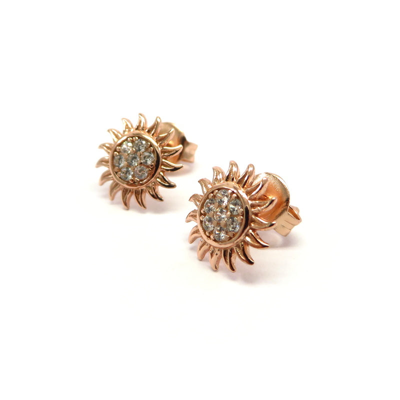 Sunflower Cubic Zirconia Stud Earrings Rose Gold Plated Sterling Silver