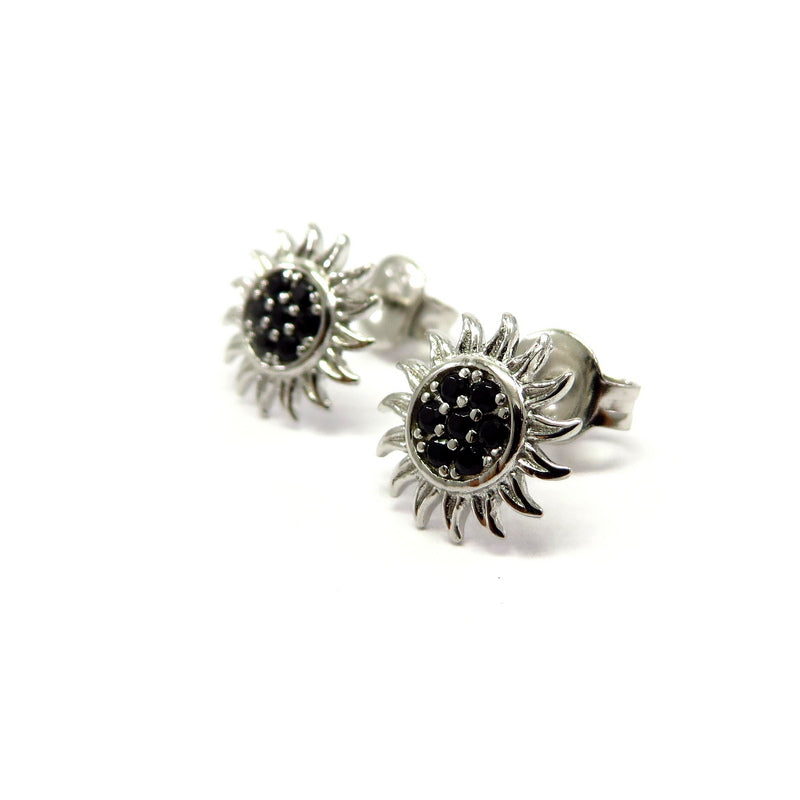 Sunflower Black Cubic Zirconia Stud Earrings Sterling Silver