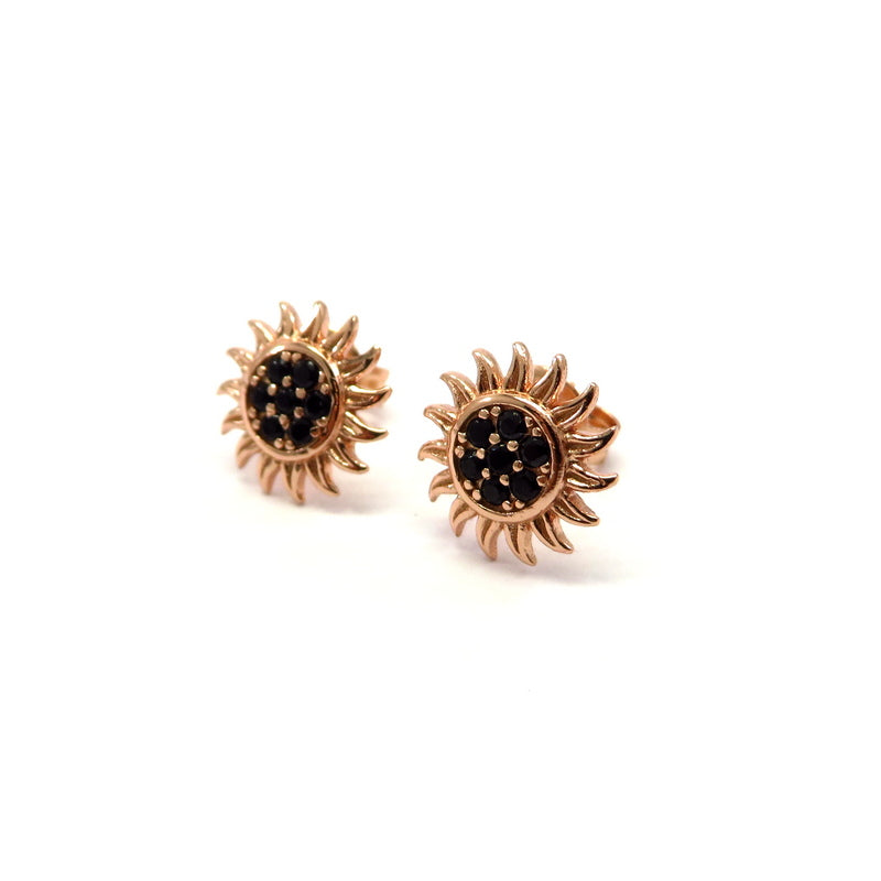 Sunflower Black Cubic Zirconia Stud Earrings Rose Gold Plated Sterling Silver