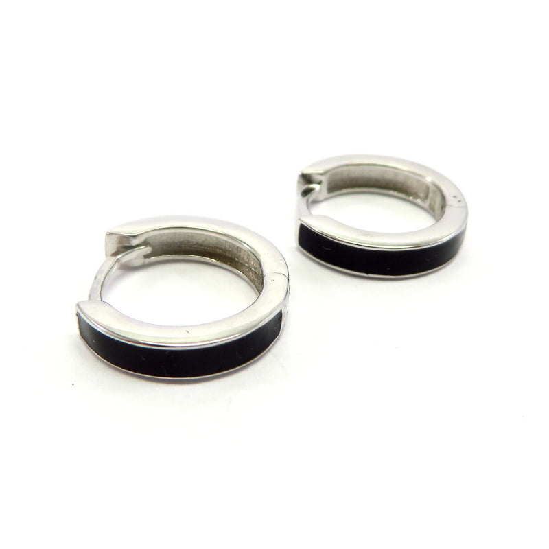Black Enamel Hoop Earrings Sterling Silver