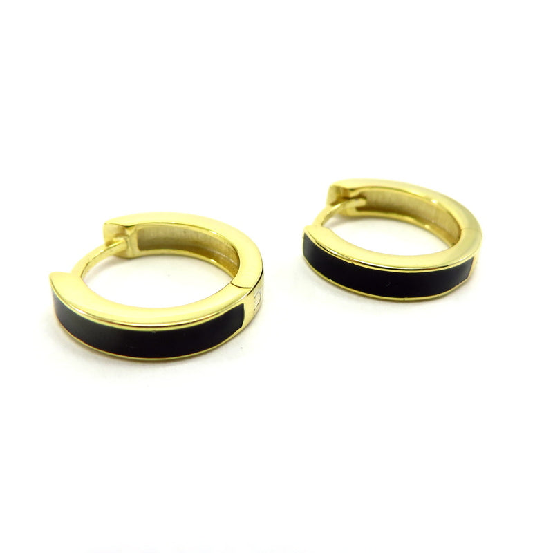 Black Enamel Hoop Earrings Gold Plated Sterling Silver