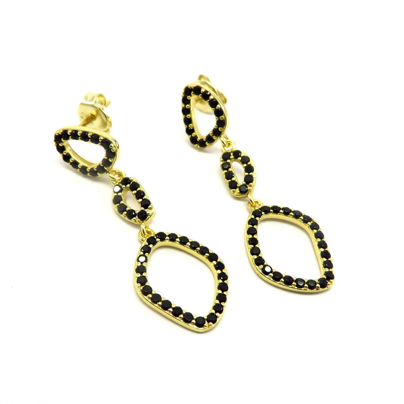 Triple Cut Out Drop Earrings Black Cubic Zirconia Gold Plated Sterling Silver