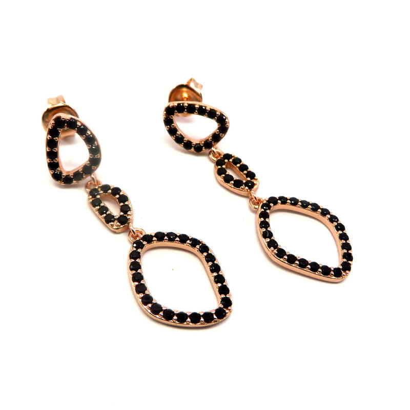 Triple Cut Out Drop Earrings Black Cubic Zirconia Rose Gold Plated Sterling Silver