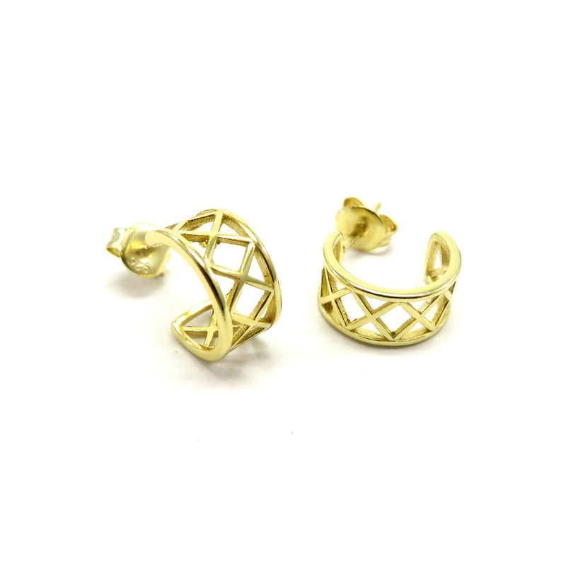 Tribal Cut Out Hoop Earrings Gold Plated Sterling Silver