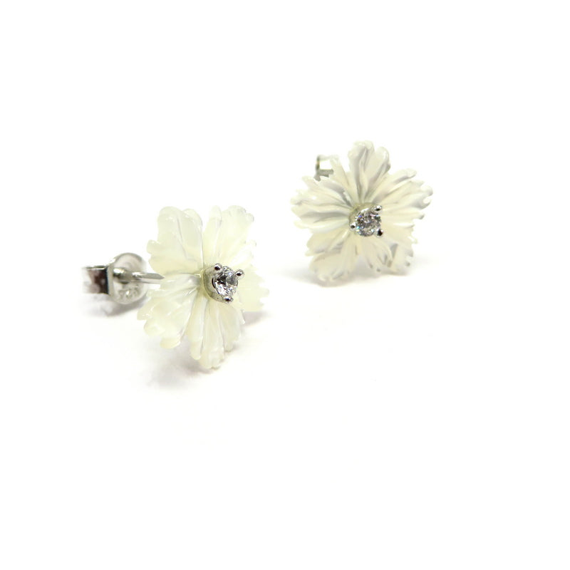 Flower Mother-of-Pearl Cubic Zirconia Stud Earrings Sterling Silver