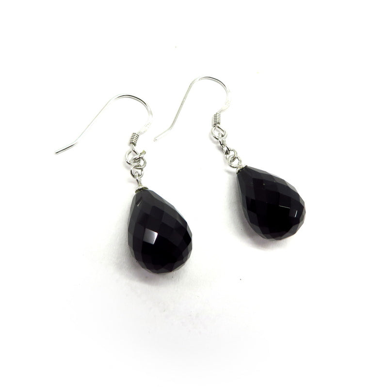 Black Agate Teardrop Hook Earrings Sterling Silver
