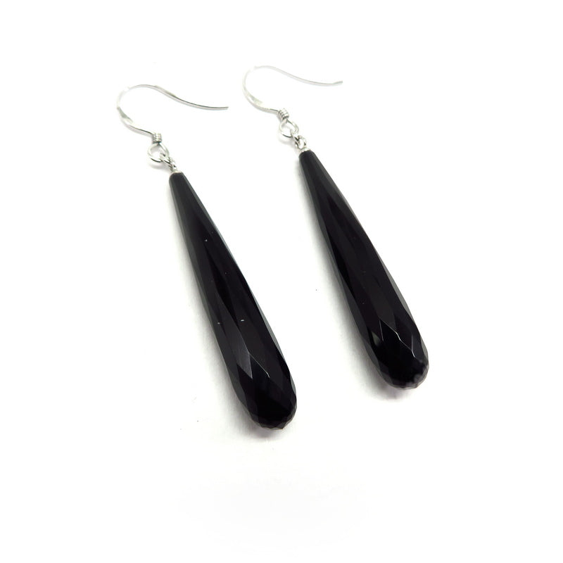 Long Teardrop Black Agate Hook Earrings Sterling Silver