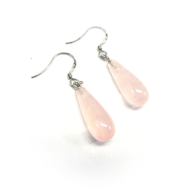 Long Teardrop Rose Quartz Hook Earring Sterling Silver