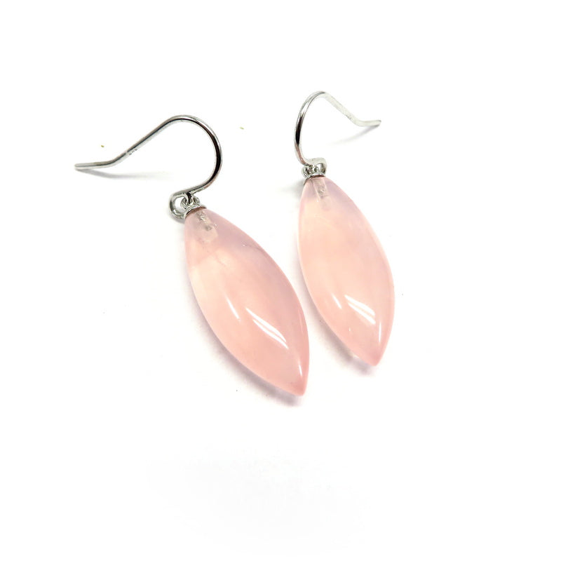 Pointed Oval Rose Quartz Hook Earrings Sterling Silver