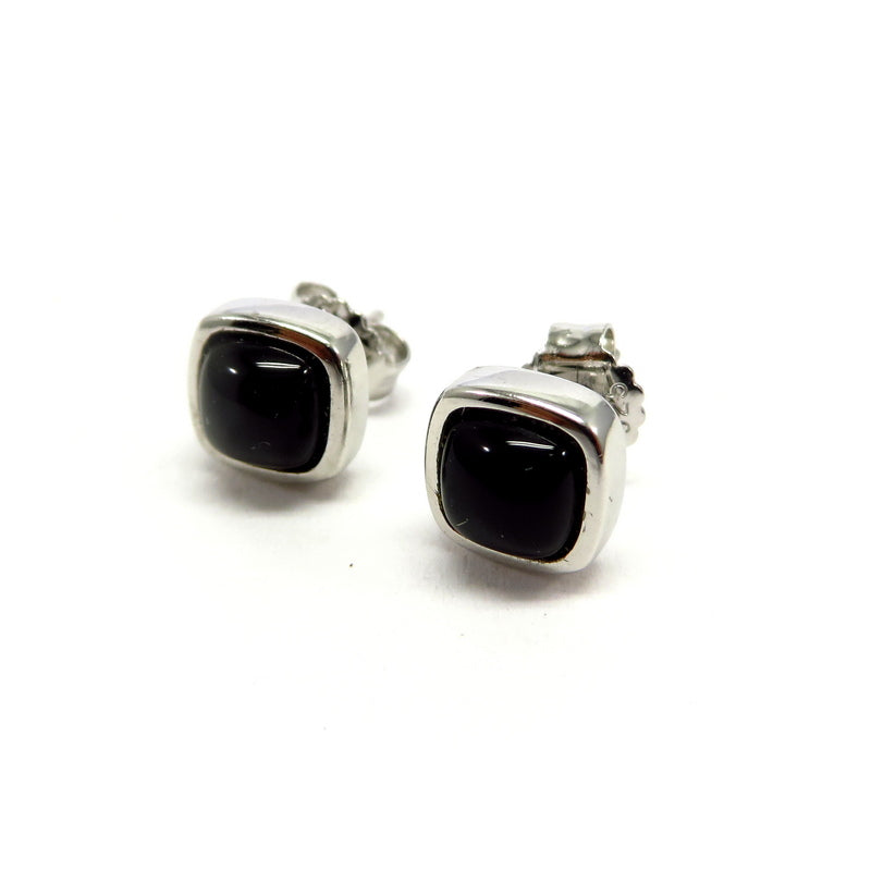 Square Black Agate Stud Earrings Sterling Silver