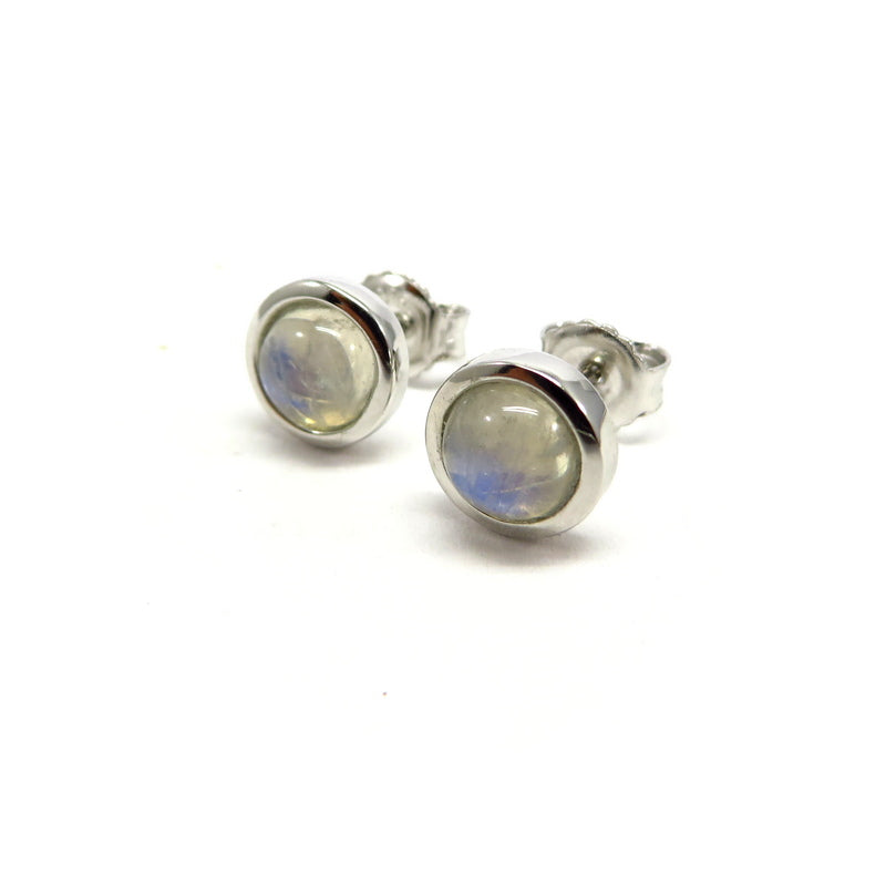 Round Rainbow Moonstone Stud Earrings Sterling Silver