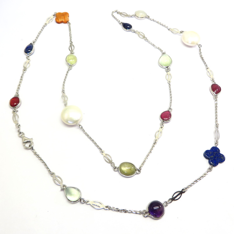Chain Necklace with Gemstones and Pearls set in Sterling Silver