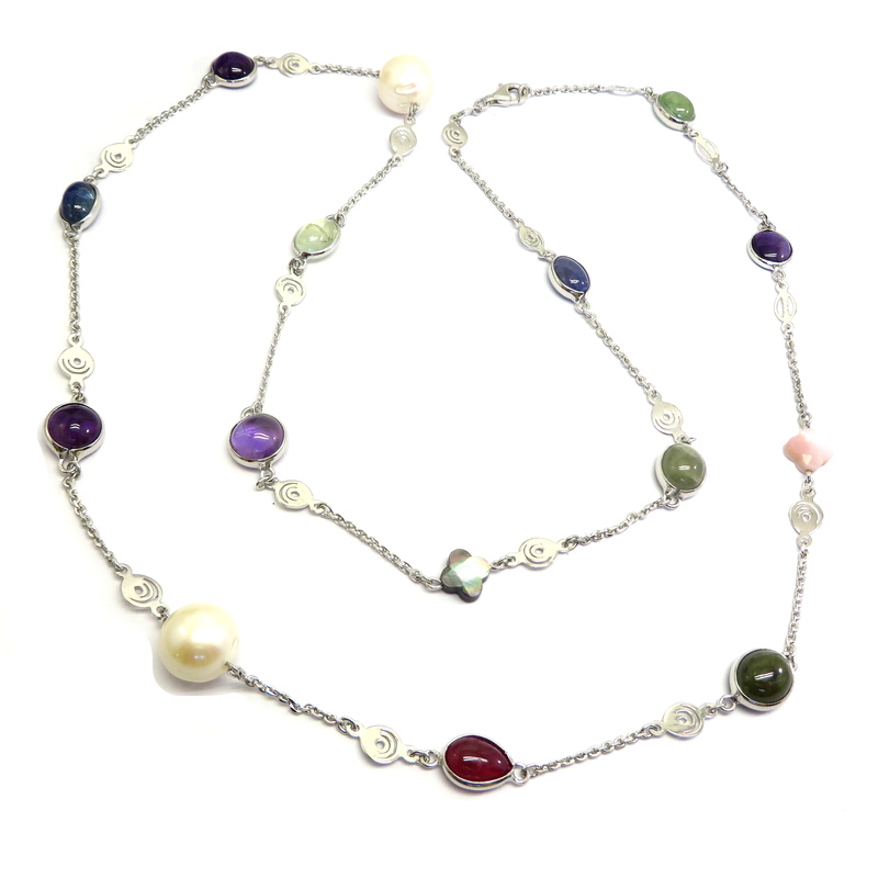 Chain Necklace with Gemstones and Pearls set in Sterling Silver
