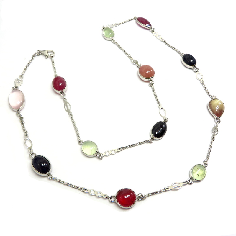 Ruby, Sapphire, Prehnite and Rose Quartz Silver Chain Necklace