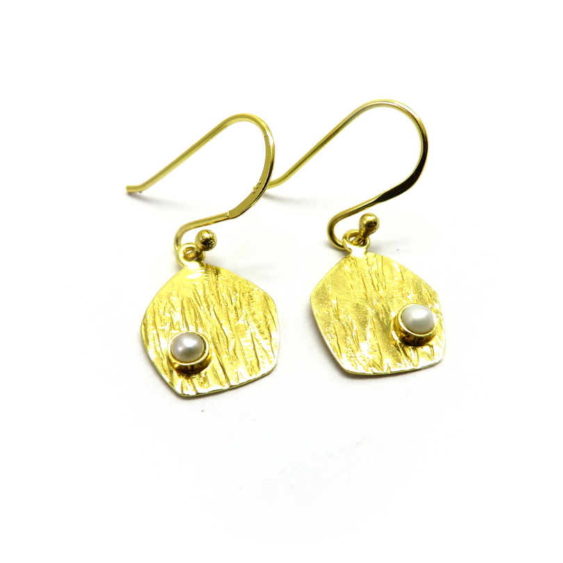 Freshwater Pearl Textured Gold Plated Sterling Silver Earrings