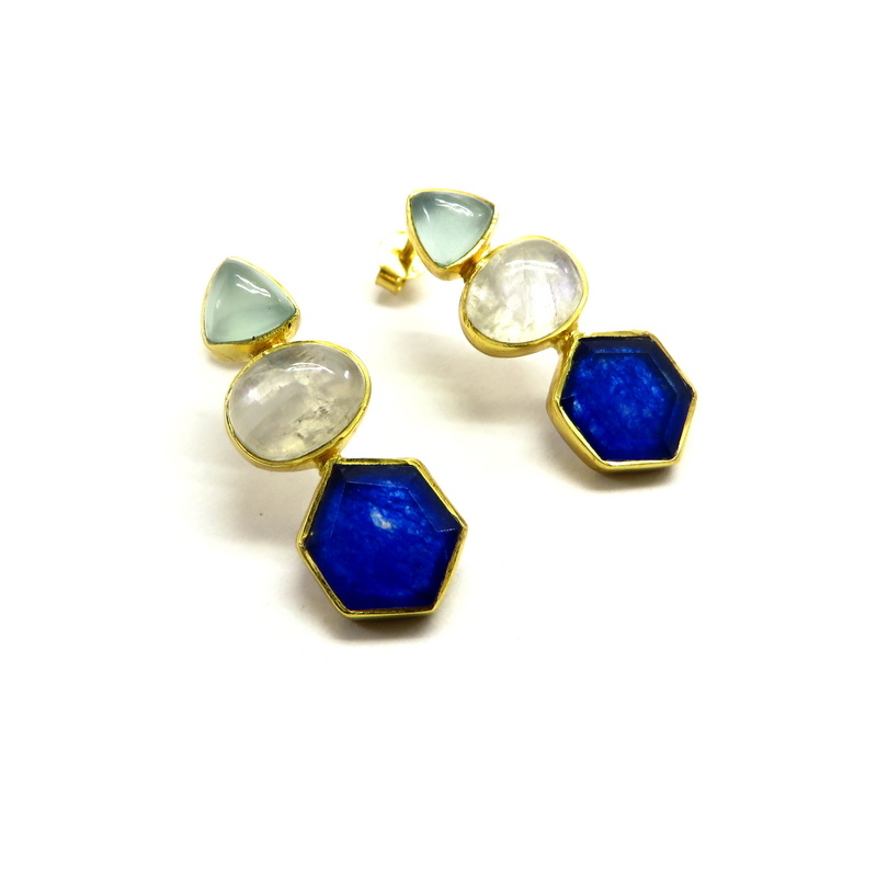 Chalcedony, Moonstone and Sapphire Jade Gold Plated Sterling Silver Earrings