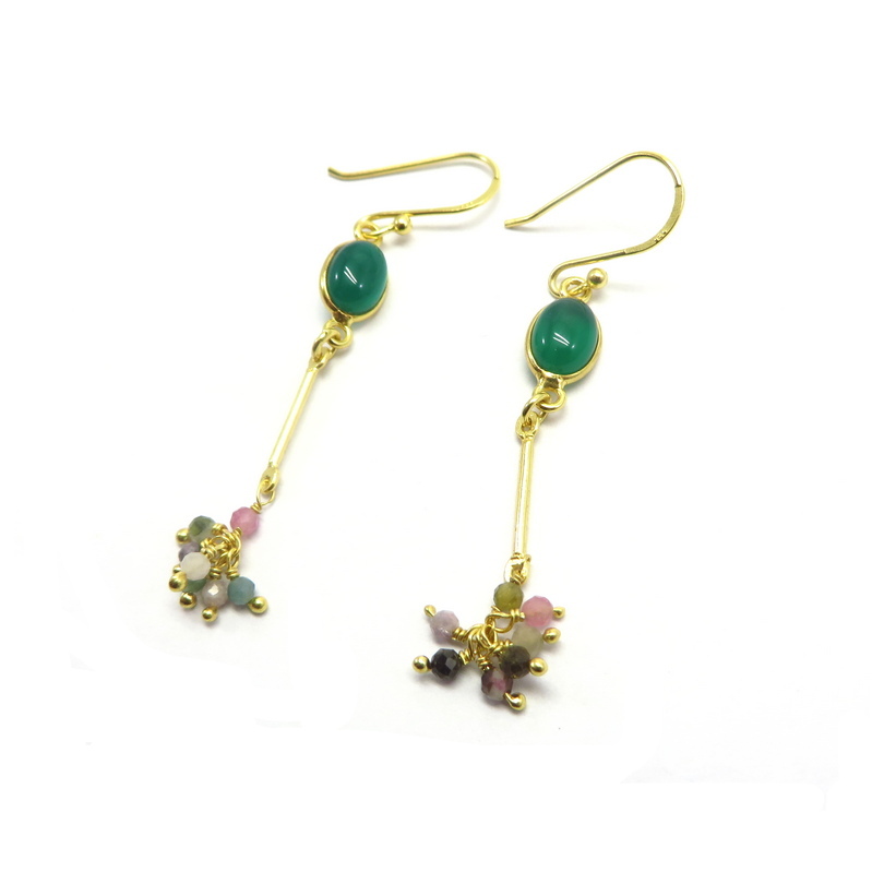 Green Onyx and Tourmaline Beads Gold Plated Sterling Silver Earrings