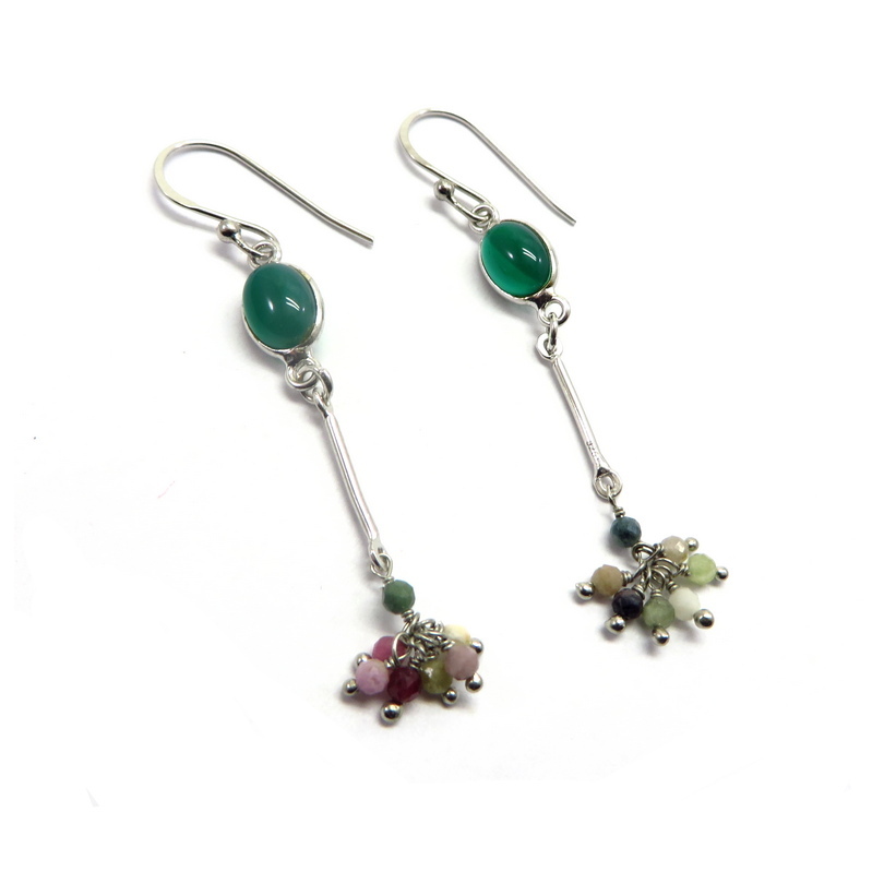 Green Onyx and Tourmaline Sterling Silver Earrings