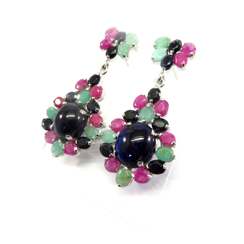 Sapphire, Ruby and Emerald Silver Earrings