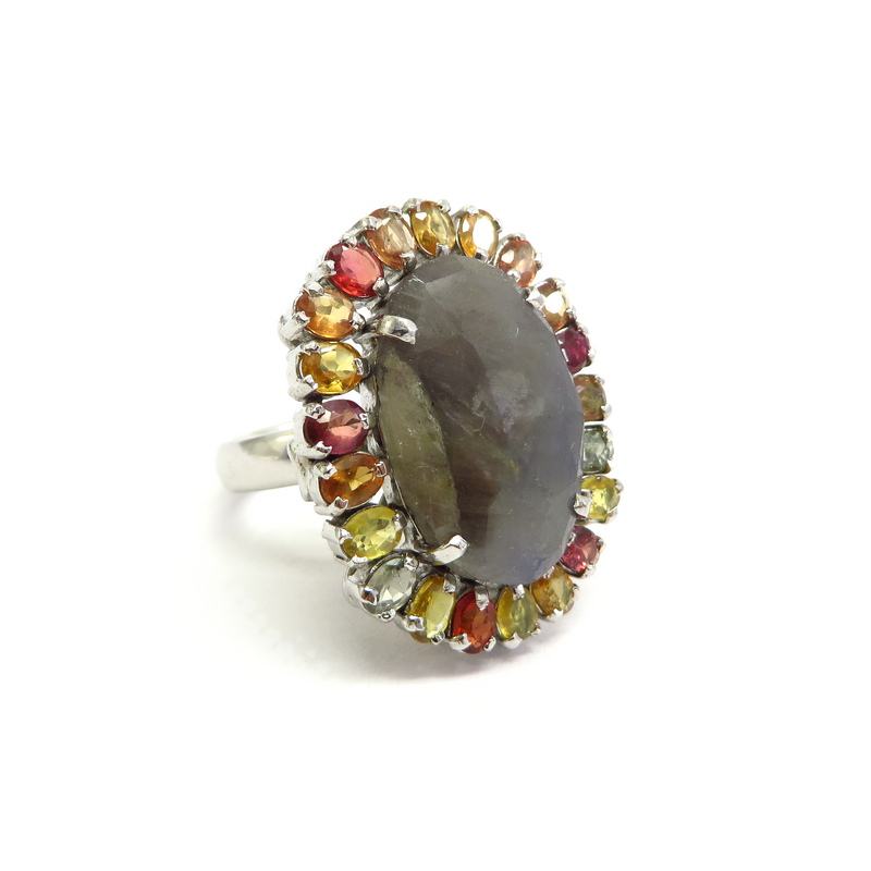 Rough and Multi-Colored Sapphire Sterling Silver Ring