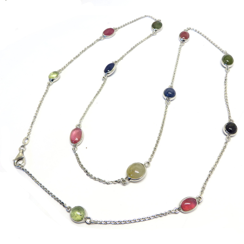Ruby, Tourmaline, Blue and Green Sapphires Silver Chain Necklace