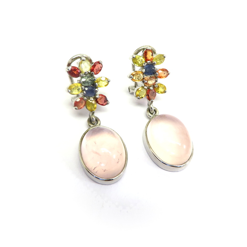 Rose Quartz and Multi-Color Sapphires Silver Earrings