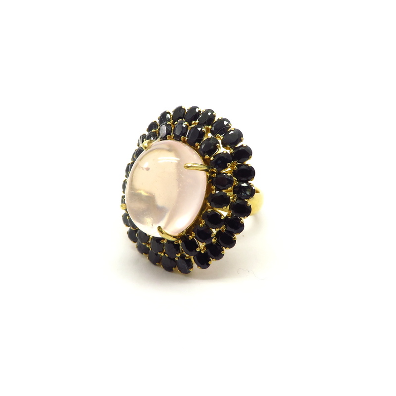 Rose Quartz and Blue Sapphire Gold Plated Silver Ring