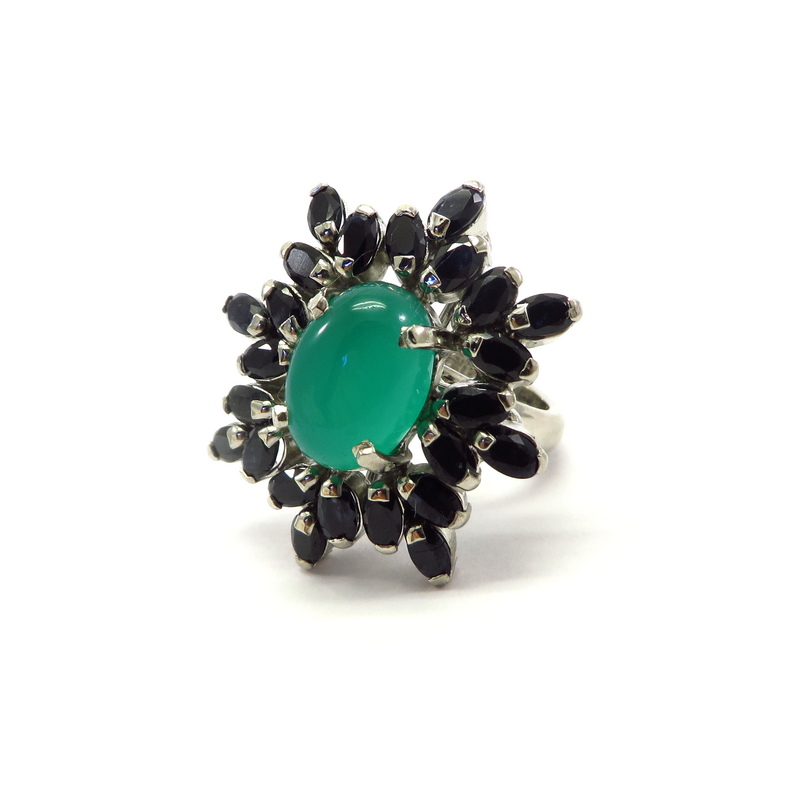 Green Agate and Blue Sapphire Silver Ring
