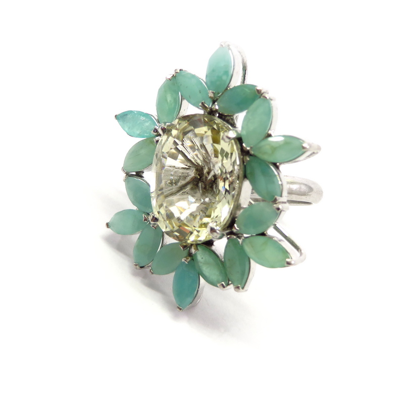 Lemon Quartz and Emerald Silver Ring