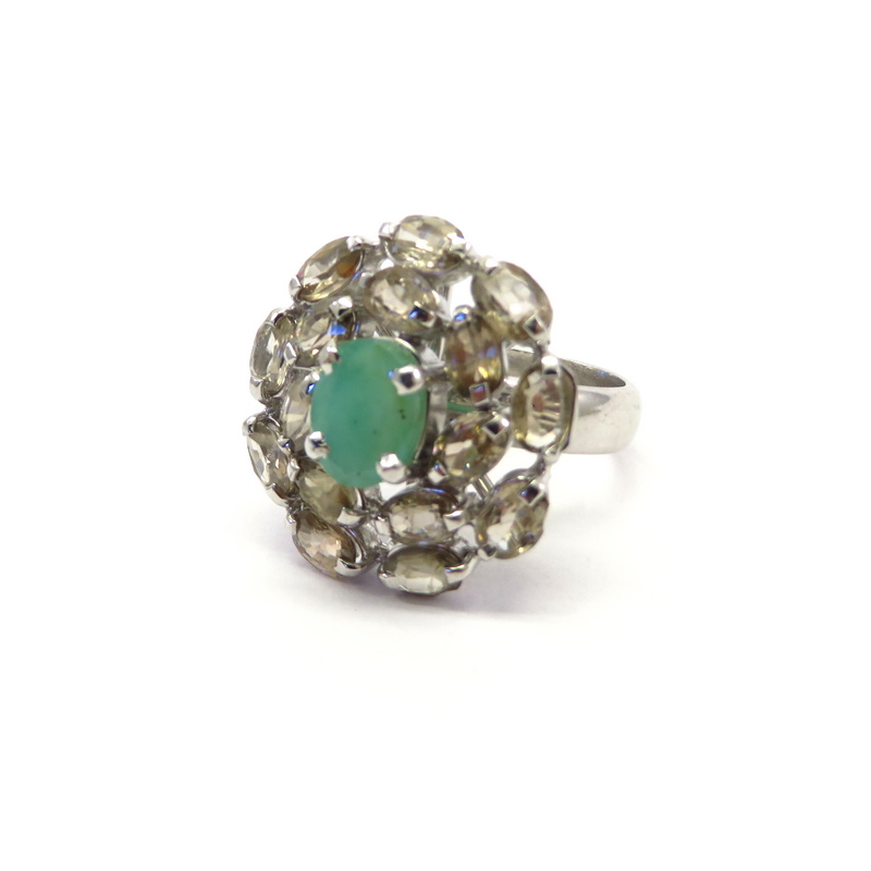 Emerald and Smoky Quartz Silver Ring