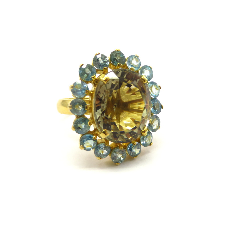Smoky Quartz and Blue Zircon Gold Plated Silver Ring
