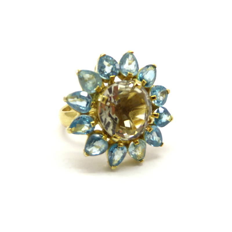 Smoky Quartz and Blue Zircon Gold Plated Silver Ring