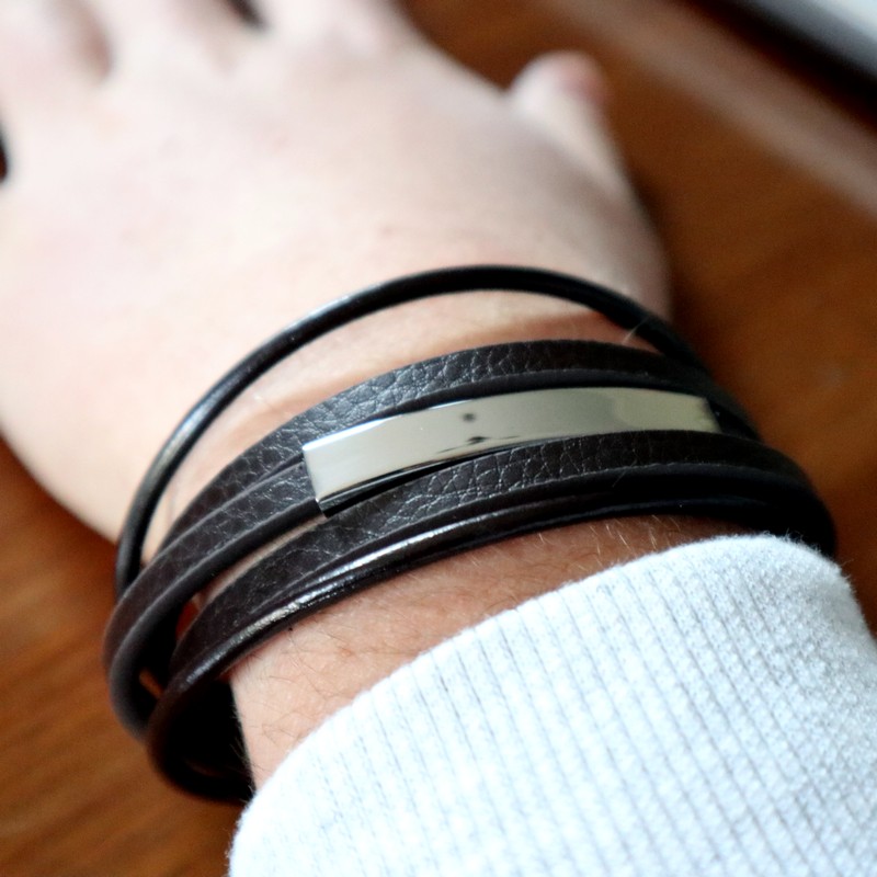 Brown Leather Men's Bracelet Stainless Steel