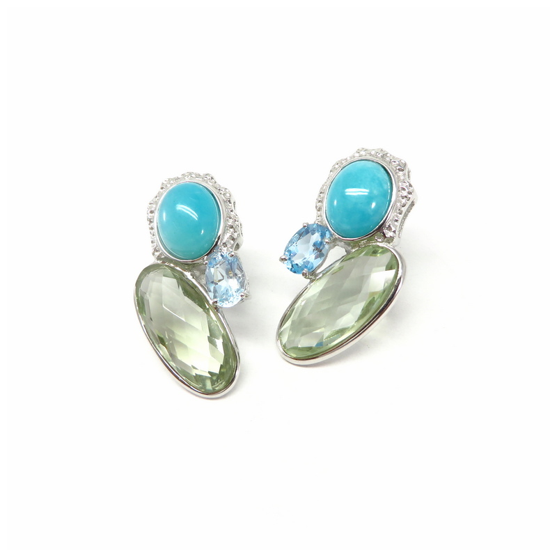 Green Amethyst, Amazonite & Blue Topaz Silver Earrings