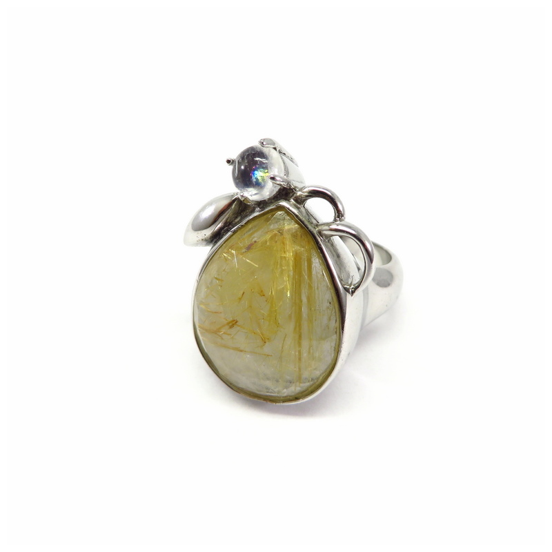 Rutilated Quartz & Moonstone Silver Ring